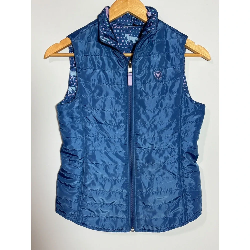 Ariat Reversible Puffer Vest Kids XL 14 Blue Horse Polka Dot Print Quilted Zip‎